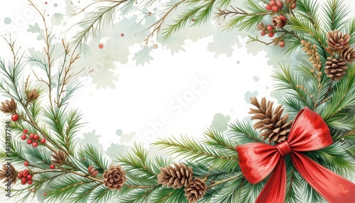 Festive Wreath With Pine Branches, Berries, and a Red Bow for Holiday Celebrations