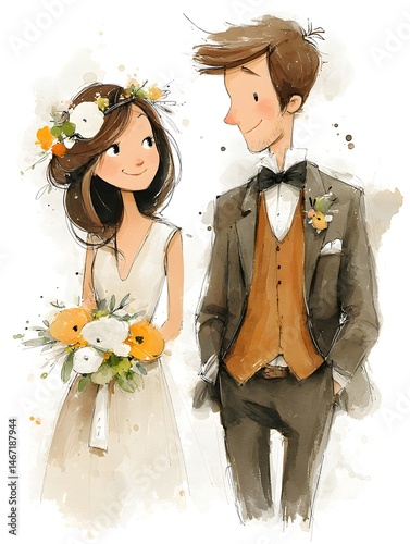 A charming illustration depicts a happy bride and groom on their wedding day, ready to start their lives together.