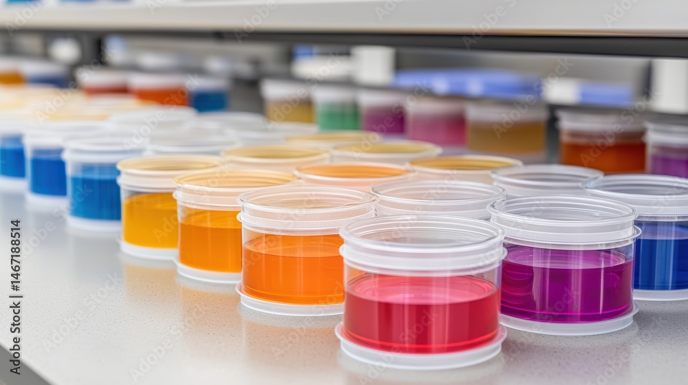 Rows of colorful liquid samples in clear plastic containers are arranged on a laboratory countertop. Rows of colorful liquid samples in clear plastic containers are arranged on a laboratory countertop.