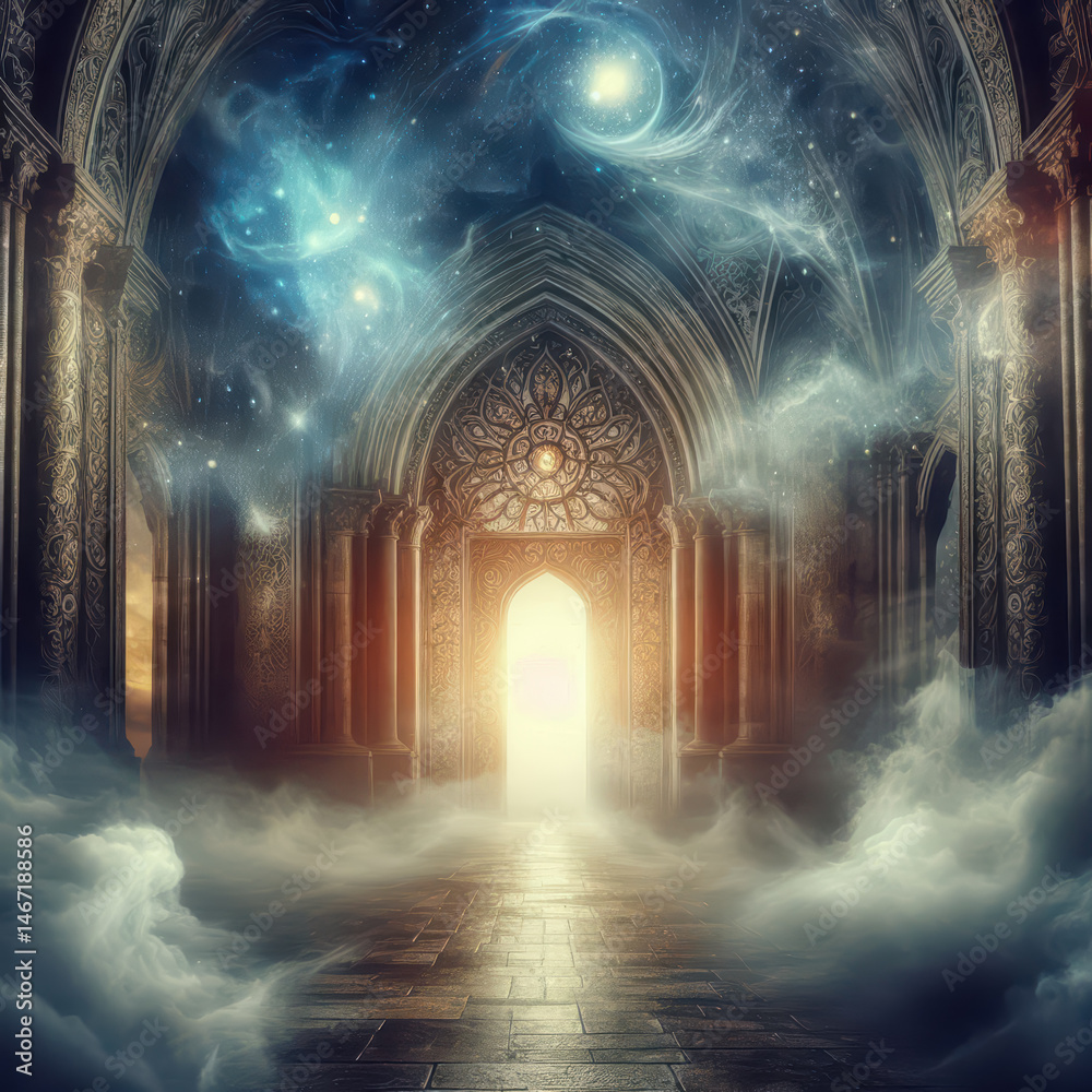Fototapeta premium Mysterious ethereal corridor leading to a bright portal amidst swirling clouds