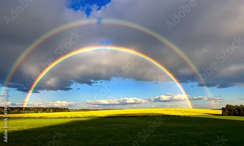 A vibrant double rainbow arches over a lush field under a partly cloudy blue sky on a sunny day scene