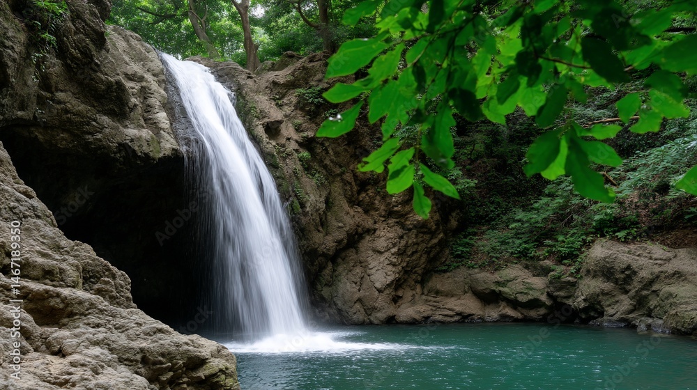 Fototapeta premium Lush waterfall cascading into a tranquil pool, surrounded by dense forest