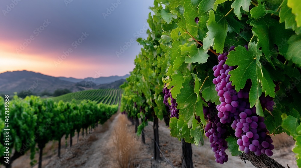 Naklejka premium Lush vineyard rows at sunset