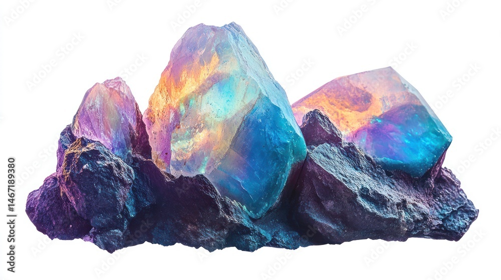 Obraz premium Iridescent gemstone cluster on dark rock, isolated on white.