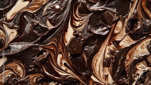 16. Close-up of a chocolate brownie ice cream with fudge chunks and swirls of chocolate sauce