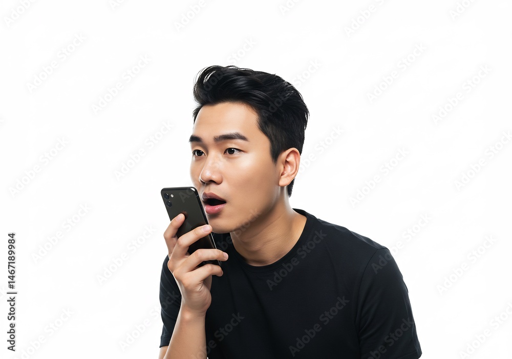 Homme jeune utilisant smartphone fond blanc lumière douce Homme jeune utilisant smartphone fond blanc lumière douce