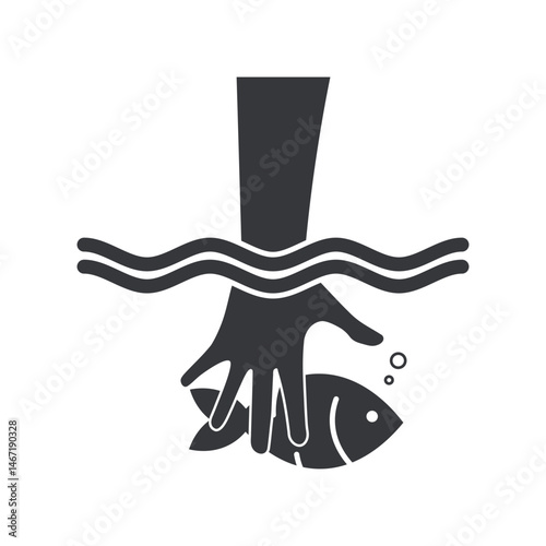 Isolated pictogram of hand touching fish in water, indicating safety warning not to touch fish in aquarium or pond