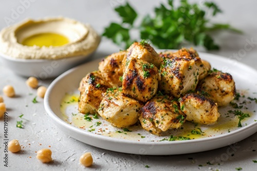 A plate of bite-sized grilled chicken pieces, golden and slightly charred, served with a small dish of creamy hummus. 