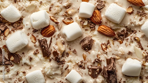 7. Close-up of rocky road ice cream with chunks of marshmallows and almonds, highlighting the rich, chocolatey texture