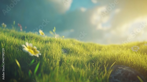 Meadow flowers sunset scene, nature background, artistic