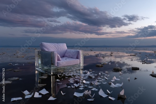 A captivating scene featuring a transparent chair afloat in a serene landscape, symbolizing isolation, reflection, and the beauty of nature and human creativity.