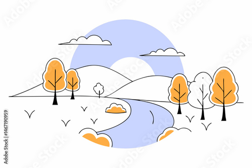 Calm abstract landscape in pastel colors, river and trees, concept of peace and balance