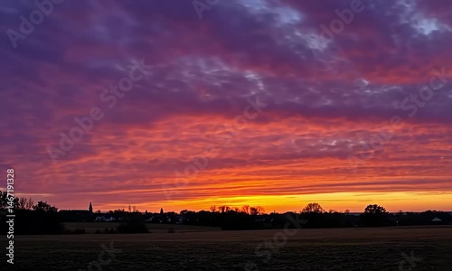 A vibrant sunset over a field with distant trees and buildings under a colorful cloud filled sky view