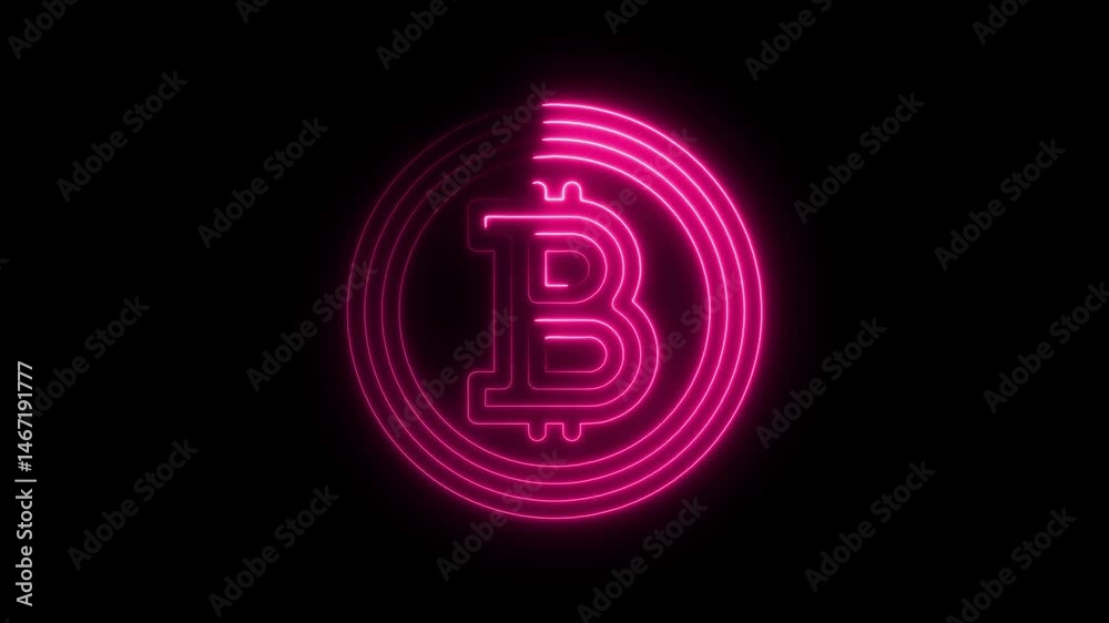 Glowing neon bitcoin cryptocurrency symbol appearing against black background