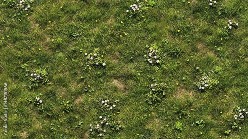 Aerial view of grassy field with wildflowers. Possible use Nature background