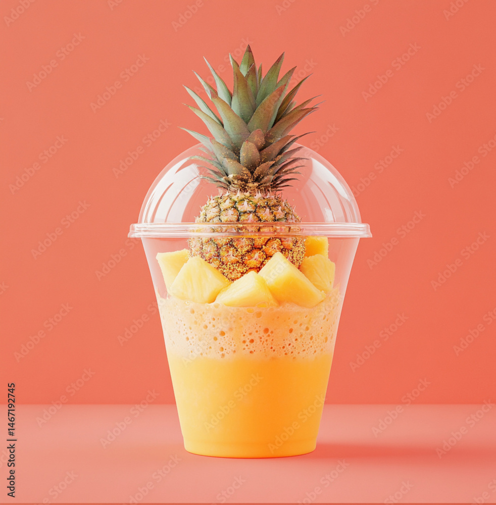 a clear dome plastic cup with shopped up pineapple with sprinkled on it on a coral color background