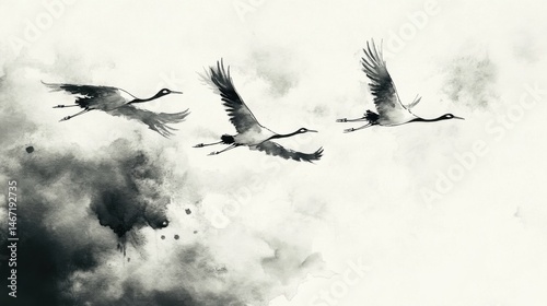 Sumi-e Ink Painting of Cranes Flying Over Water