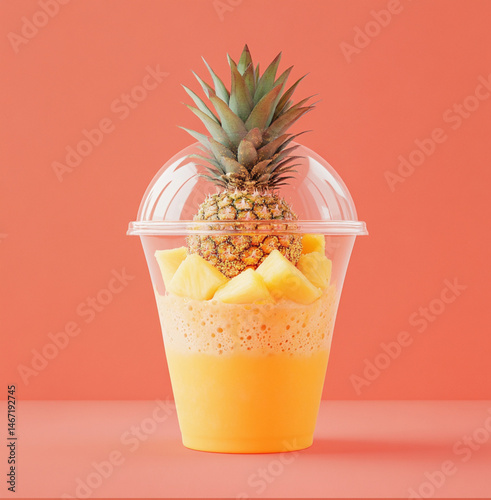 Obraz na płótnie a clear dome plastic cup with shopped up pineapple with sprinkled on it on a coral color background w salonie