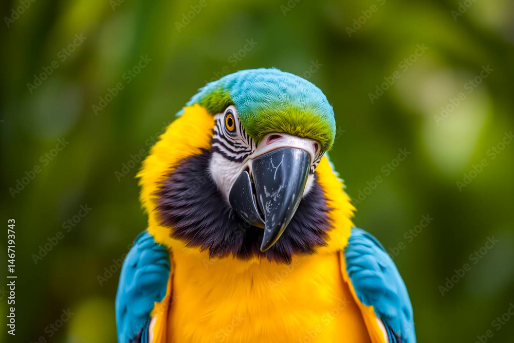 Fototapeta premium Vibrant Blue and Yellow Macaw Perched on a Tree Branch, Showcasing Its Brilliant Plumage and Majestic Presence in a Tropical Setting, Vibrant Wallpaper