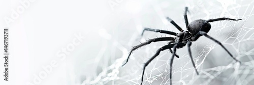 Black spider crawling on thin web among blurred light background. Copy space