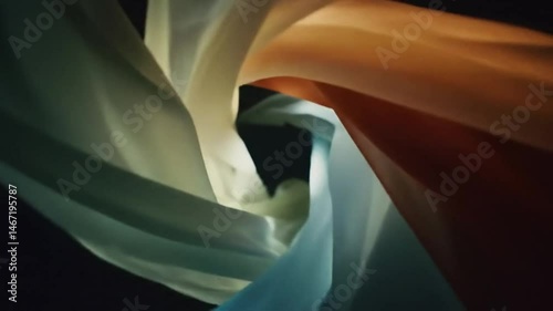 A swirling vortex of sheer fabric in shades of white yellow and blue against a dark background