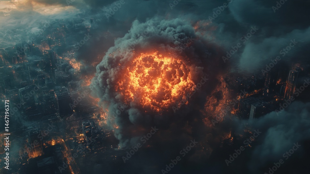 Aerial view of fiery explosion engulfing a city, apocalyptic scene. Aerial view of fiery explosion engulfing a city, apocalyptic scene.