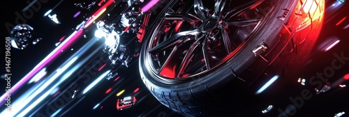 Dynamic high-speed close-up of a modern tire with dramatic lighting and reflective chrome in a futuristic setting emphasizing motion and energy. Tires with rubber tread on alloy wheels