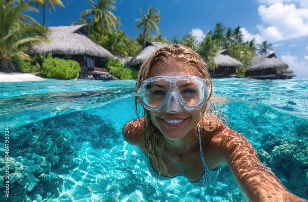Fototapeta premium A woman wearing goggles and a single-lens snorkel mask is swimming in the clear blue water of an island resort pool