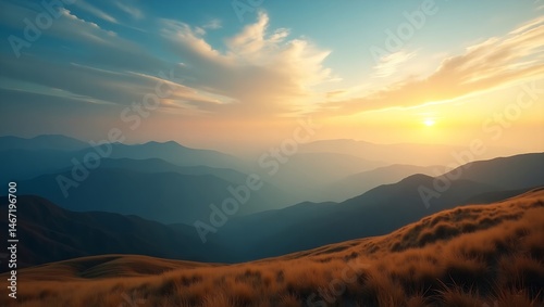 Panoramic view of majestic mountain range under a vibrant sunrise sky, golden grassy hills in foreground, misty peaks fading into tranquil natural beauty.