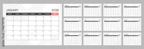 2026 monthly blank rainbow colored calendar planner schedule with week starts on Monday
