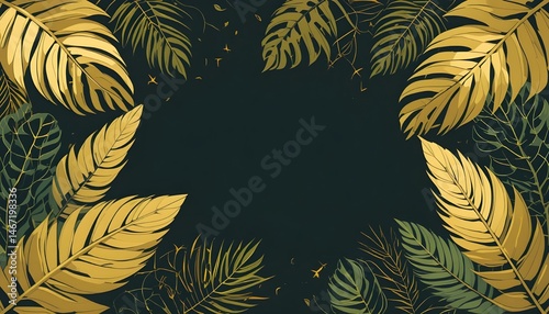 Abstract Background with Tropical Leaves in Golden Line Art Style for Botanical Wallpaper and Exotic Plant Decor