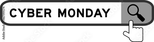 Search banner in word cyber monday with hand over magnifier icon on white background
