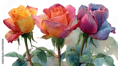 Three vibrant watercolor roses in yellow orange and purple hues bloom beautifully together on white background.