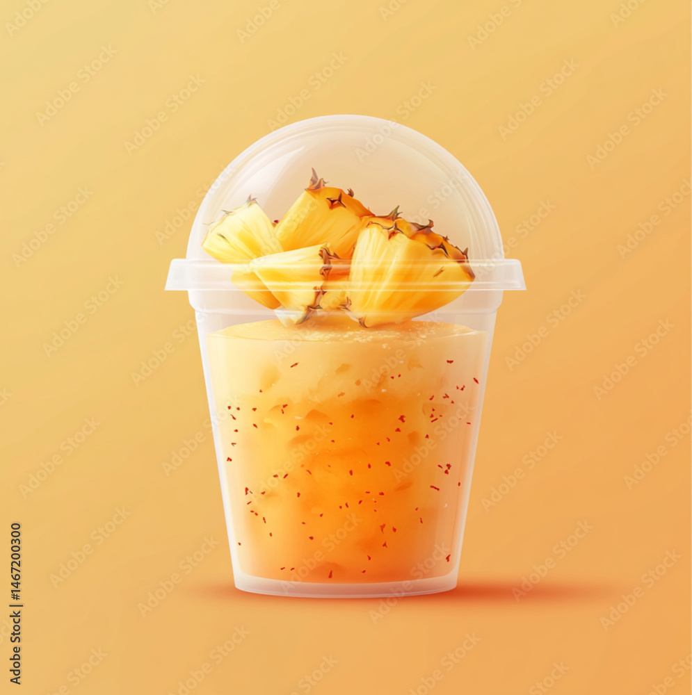 a clear dome plastic cup with shopped up pineapple with sprinkled on it on a coral color background