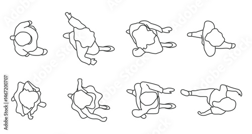 Set with people outlines isolated on white background. Girls and Mom walking. Top view. Vector illustration.	