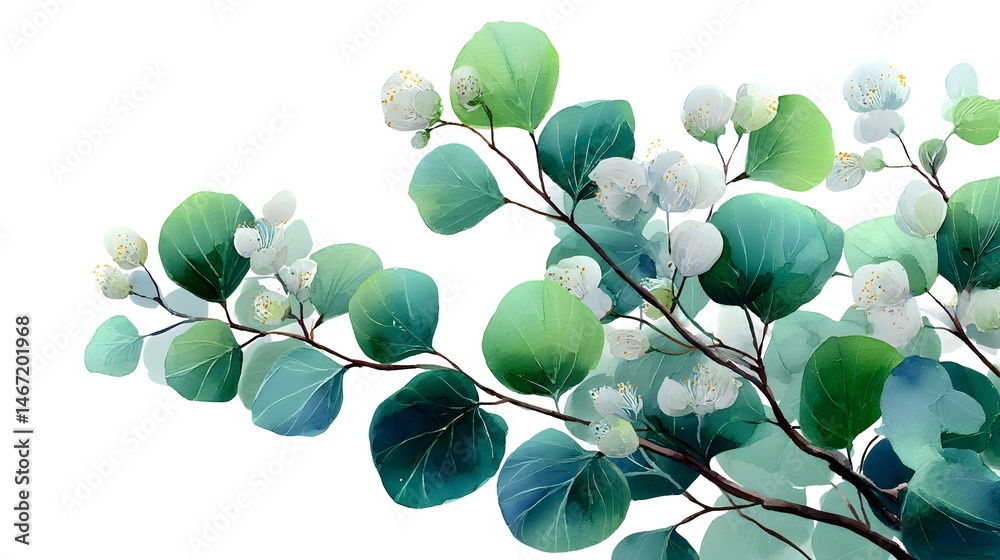 Obraz premium A delicate watercolor painting showcases lush eucalyptus branches with vibrant green leaves and soft white blossoms against a clean white background.