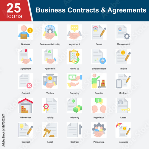 Business Contracts & Agreements is a collection of icons representing various business contracts, including rental agreements, partnership contracts, smart contracts, leases, supplier agreements.