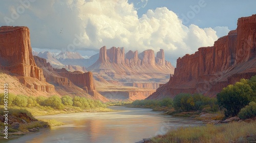 Canyon river landscape, serene, vivid colors