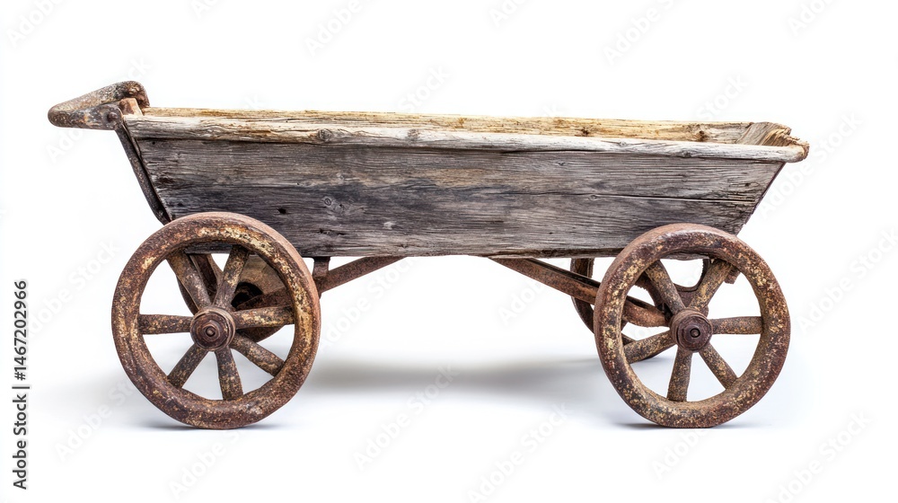 Fototapeta premium Rustic wooden cart with rusty wheels on white background.