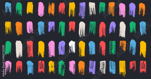 Set of colorful short art brush strokes. Kisd naive banner design. Regular vertical art dashes. Rough grunge thick paint lines texture, brush strokes, textil, fabric, wrapping paper