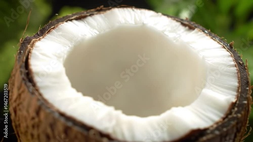 Coconut Cracked Open: A close-up of a halved coconut, revealing its soft, white flesh and inviting creamy interior. This image speaks to tropical flavors, natural ingredients, and healthy choices.  