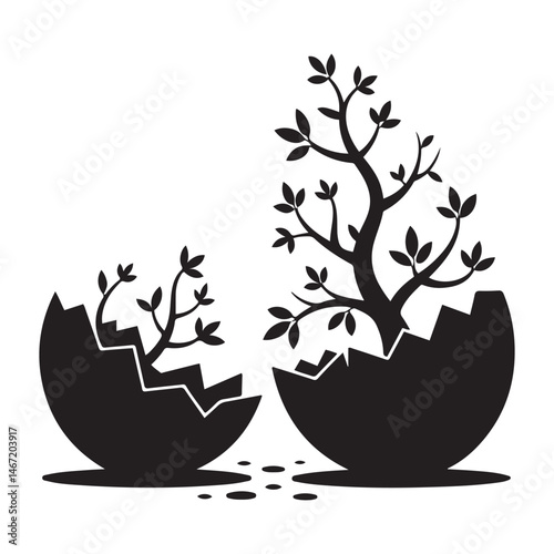  cracked eggs with blooming branches on, symbolizing rebirth and growth Vector Black silhouette. with white background