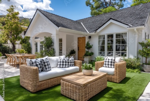 Beautiful backyard of luxury home in Los Angeles, with lush green grass and outdoor seating area