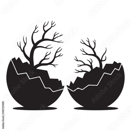  cracked eggs with blooming branches on, symbolizing rebirth and growth Vector Black silhouette. with white background