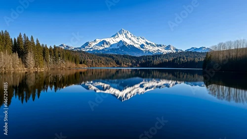A tranquil lake reflecting snow-capped peaks under a clear blue sky