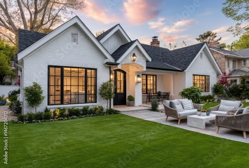 Beautiful backyard of luxury home in Los Angeles, with lush green grass and outdoor seating area