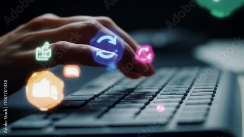 Connected World: A person's hand interacts with the keyboard, and the digital realm seamlessly blends into the physical world through innovative technology.
