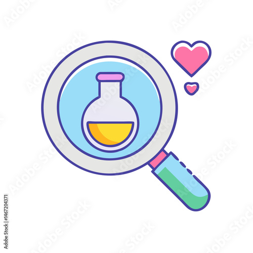 Science research love with magnifying glass and flask for scientific discovery and analysis
