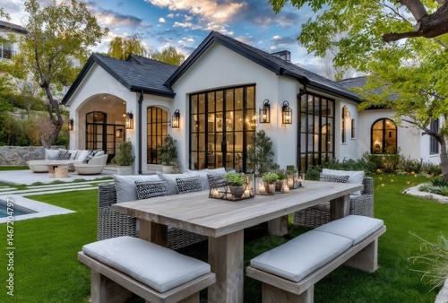 the backyard with lush green grass, large patio area with wicker furniture and an outdoor dining table, modern home in los angeles