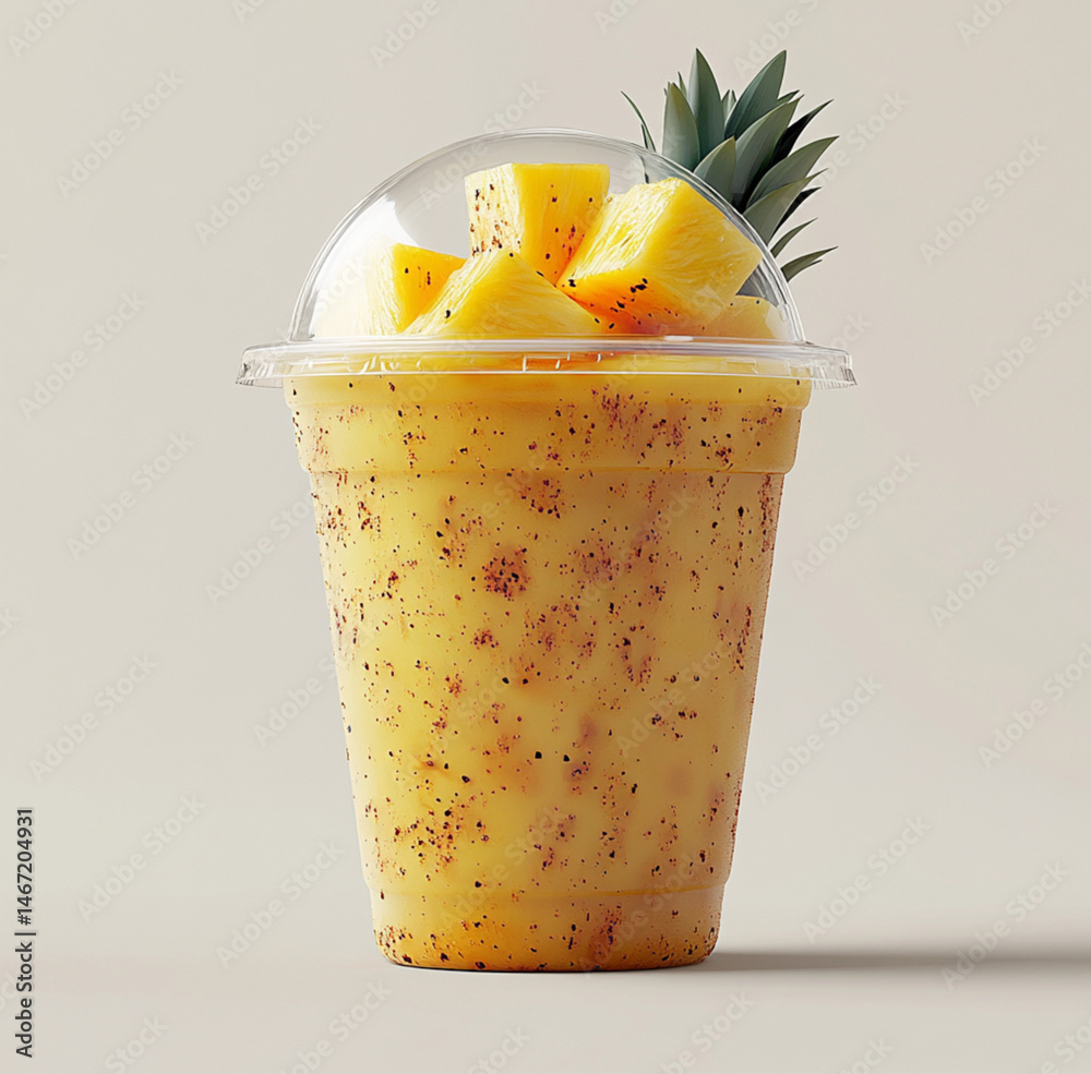 a clear dome plastic cup with shopped up pineapple with sprinkled on it on white background